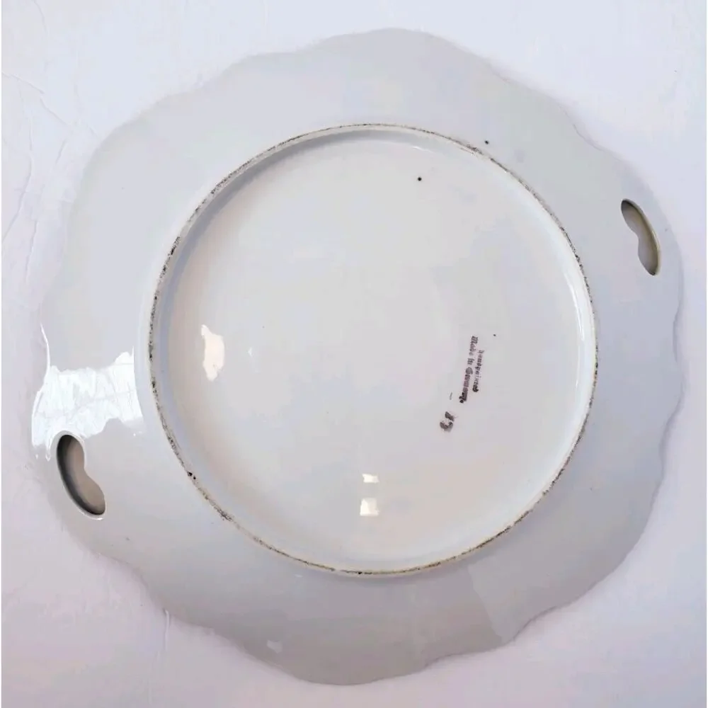 Vintage Hand‎ Painted Handled Cake Dessert Plate Green w/ Pink Roses Germany